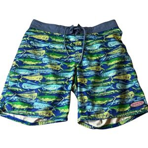 Vineyard Vines Mens Fish Print Swim Trunks Blue Green Board Shorts Size 34
